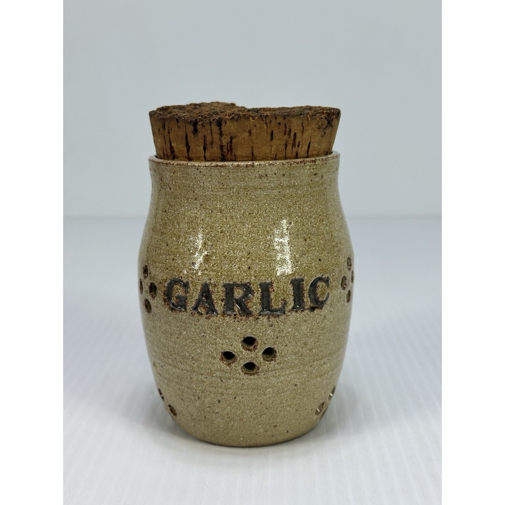 VTG Stoneware Art Studio Clay Pottery Garlic Jar Cork Lid Stopper Artist Stamped